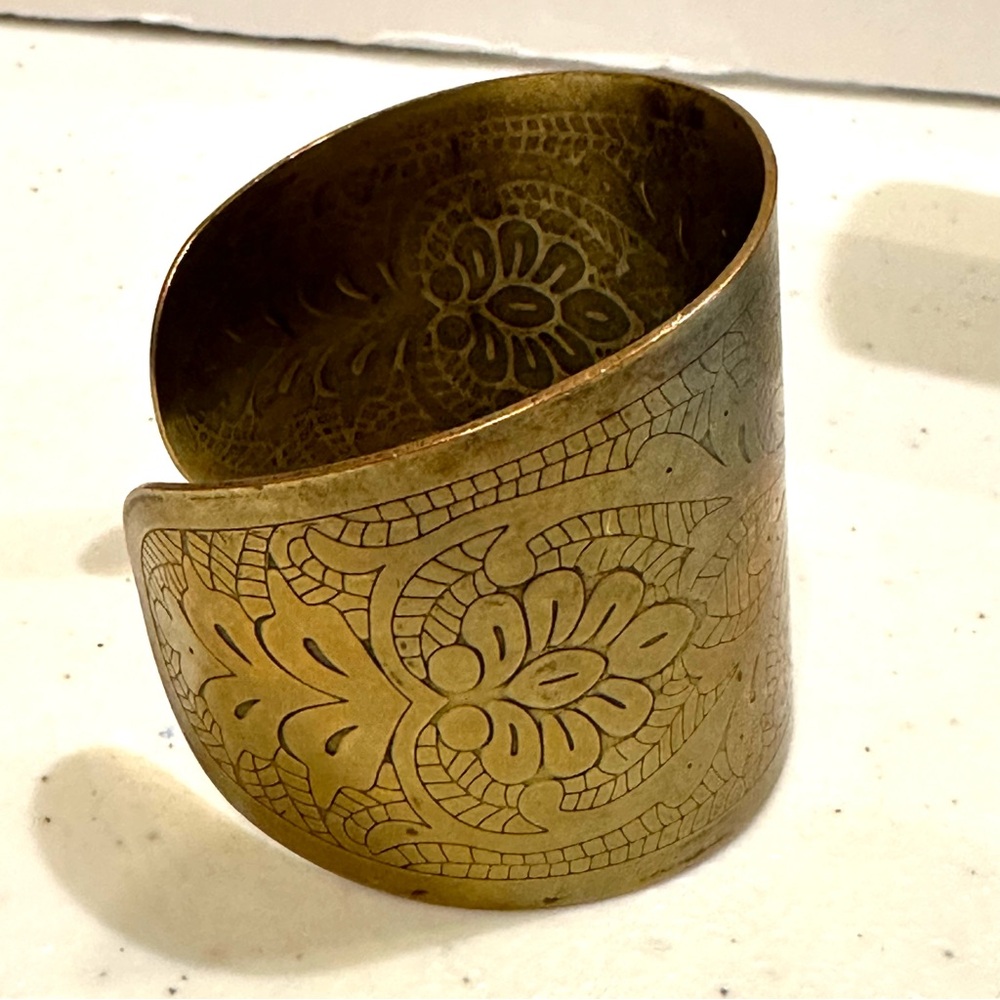 Floral Etched Wide Brass Cuff Bracelet - chunky, Boho